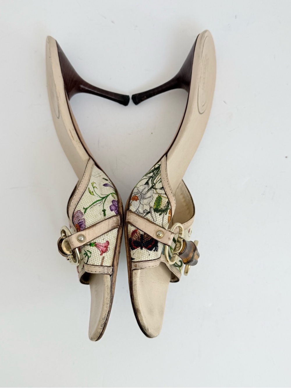 Rare Gucci Flora Bamboo Horsebit Mule Heels Vintage Y2K Floral Canvas 10.5B - Picture 5 of 10